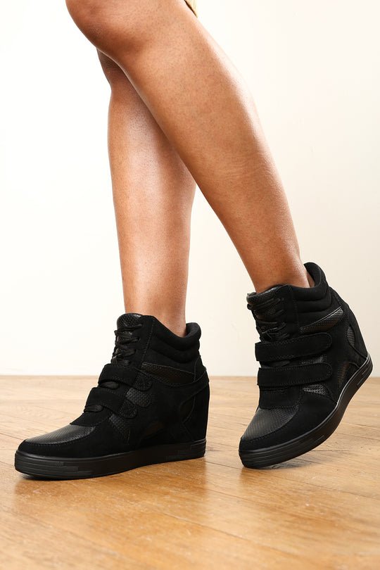 Fivana Black High-Top Wedge Trainers with Hook and Loop Straps