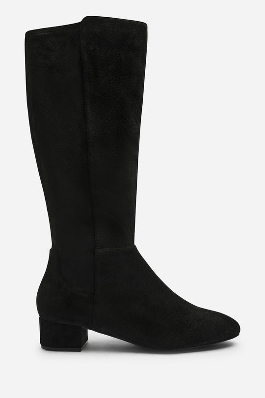 Paislee Wide Fit Round Toe Block Heel Stretch Suede Boots In Black