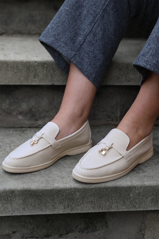 PEGASUS SLIP ON TRIM LOAFERS WITH ACCESSORY DETAILING IN BEIGE SUEDE