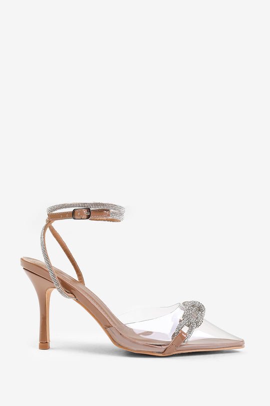 JULIA WIDE FIT PERSPEX HEEL WITH EMBELLISHED DETAIL AND DIAMANTE CROSS STRAP IN MOCHA PATENT